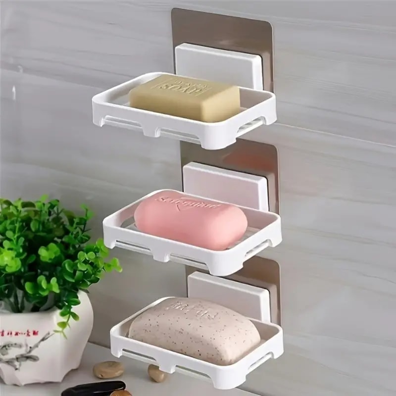 New Arrivals 2PCS Wall Mounted Soap Dishes Rectangular Plastic Soap Holder Bathroom Shower Soap Tray with Drain Kitchen Sponge Organizer