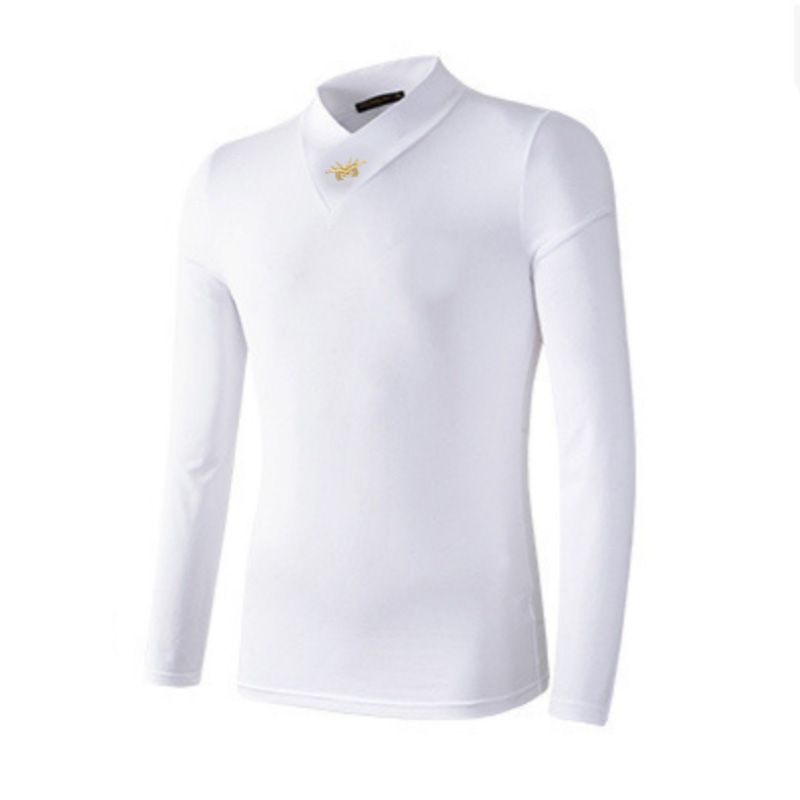 Men Tshirts Sweatshirts Warm Thick Polos Sweaters Tops Formal Long Sleeve Shirts Men Turtleneck Shirts-WhiteV-Neck