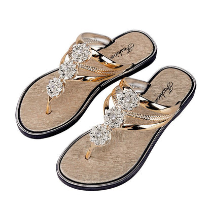 Size 38-43 Women's slippers sandals girls outdoor pinch-foot flat ladies shoes flower flip-flops students outside wear Flip Flops open shoes gold