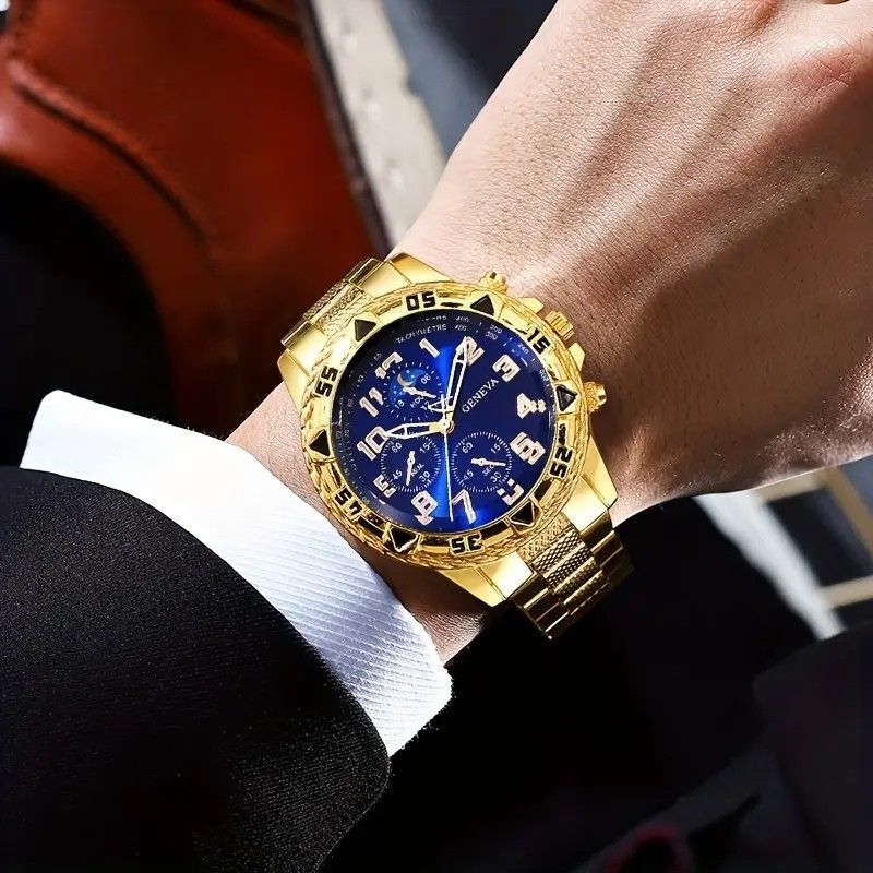 4Pcs/Set Fashion Watch Bracelet Necklace Ring Set Men Watches Men's Watches Quartz Business Watches Male Wrist Watch Men Light Luxury Business Watches Jewelry