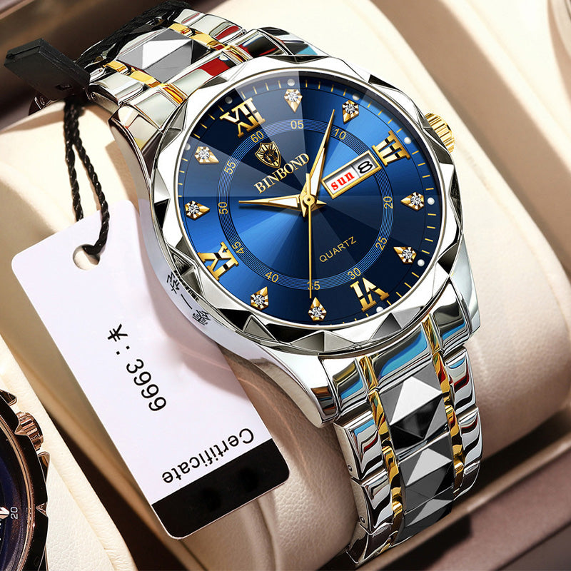 BINBOND Fashion Men's Watch Stainless Steel Top Brand Luxury Waterproof Men Double Calendar Quartz Watch