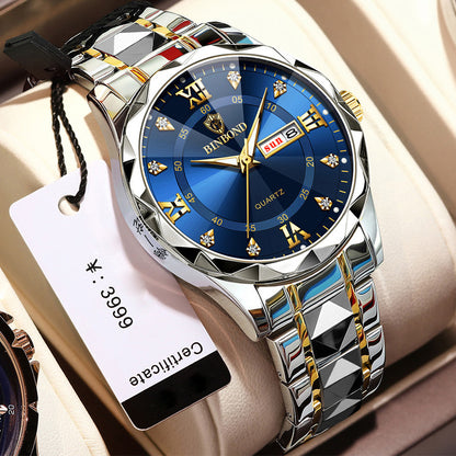 BINBOND Fashion Men's Watch Stainless Steel Top Brand Luxury Waterproof Men Double Calendar Quartz Watch