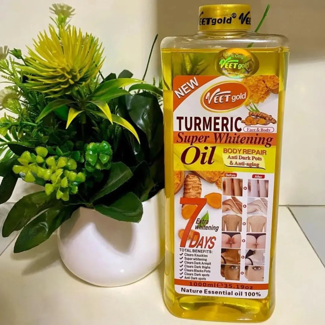 3 Pack VEET gold Turmeric Body Oil 1000ml + 250ml + Body Scrub Super Whitening Skin Repair Anti-Aging Removes Wrinkles Dark Spots & Smooths Clears Knuckles Super Whitening