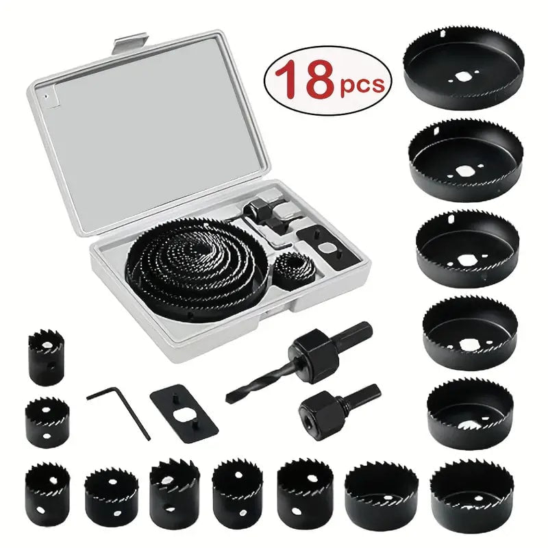 New Arrivals18pcs Hole Saw Set Hole Saw Kit With General Purpose 3/4" To 5"(19-127mm) Saw Blades Mandrels Drill Bits Installation Plate Hex Key With Storage Case Idear For Wood Plywood PVC Board