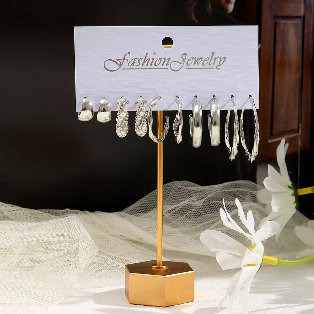 5 sets Vintage Pearl earrings Metallic Gold earrings Geometric Fashion jewelry personality Trendy light luxury High metallic gold and silver oval earrings for women