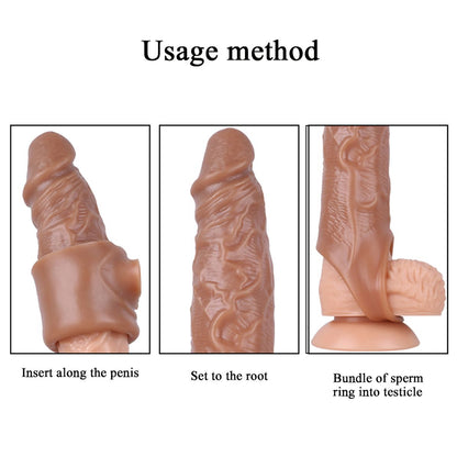 Silicone Penis Sleeve Extender Cock Enlarger Testicle Restraint Male Realistic Reusable Condom Prolonged Ejaculation Delayed Ring Sheath Sex Toys for Men