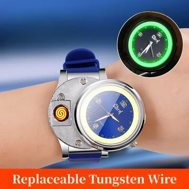 2 in 1 Men's Watch Windproof Cigarette Lighter Luminous Quartz Watch Tungsten Lighter USB Charging Boys Sports Watch Cigarette Lighter Gift