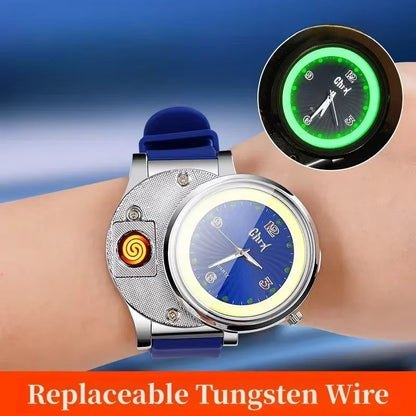 2 in 1 Men's Watch Windproof Cigarette Lighter Luminous Quartz Watch Tungsten Lighter USB Charging Boys Sports Watch Cigarette Lighter Gift