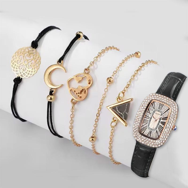 UPHUI 6PCS Women Watch Set Full Diamond Leather Strap Square Watch Women's Watches Luxury Timetable Quartz Fashion Watch Female Wrist Wstch Clock