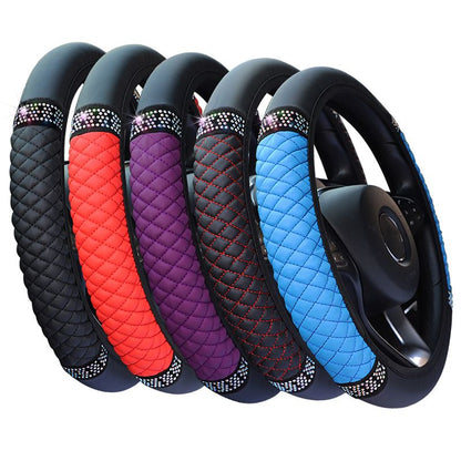 Car Steering Wheel Cover Without Inner Ring 37-38cm Three-dimensional Leather Embroidered Color Diamond-encrusted Breathable
