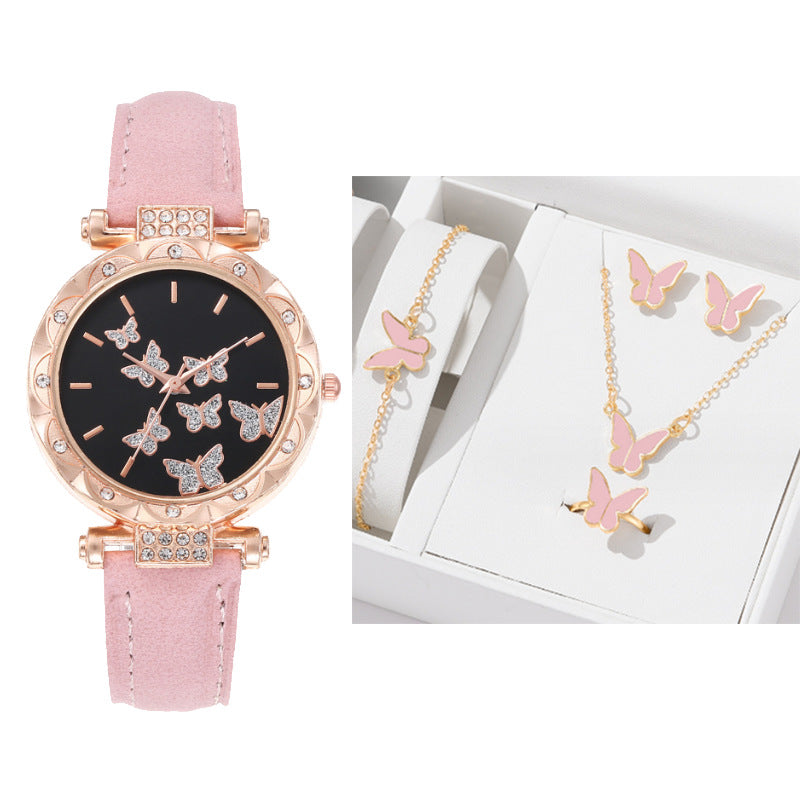 5-Piece Women's Watch Bracelet Necklace Ring Earrings Set Fashion Personality Simple Watch Butterfly Quartz Leather Watch