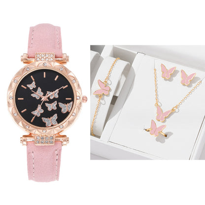 5-Piece Women's Watch Bracelet Necklace Ring Earrings Set Fashion Personality Simple Watch Butterfly Quartz Leather Watch