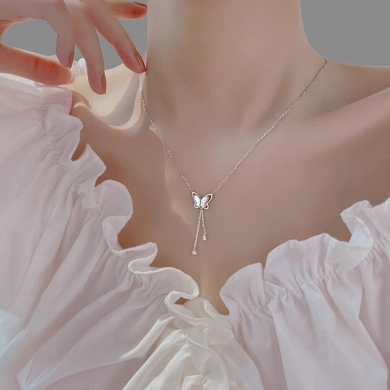 Women's Necklaces White Shell Tassel Butterfly Necklace Light luxury niche clavicle chain Tassel Chain