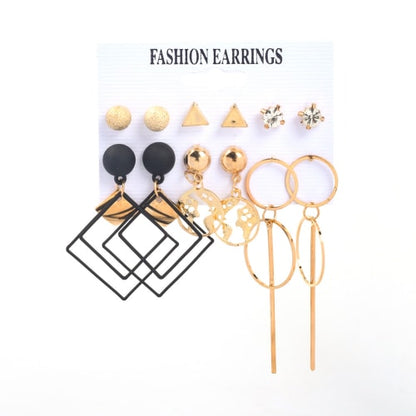 2022 new fashion beautiful 6pcs/set diamond earrings black punk exaggerated earrings pearl earrings golden triangle earrings hot selling gift for women