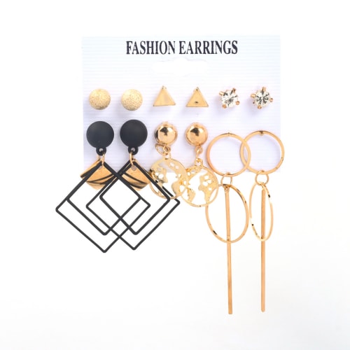 2022 new fashion beautiful 6pcs/set diamond earrings black punk exaggerated earrings pearl earrings golden triangle earrings hot selling gift for women