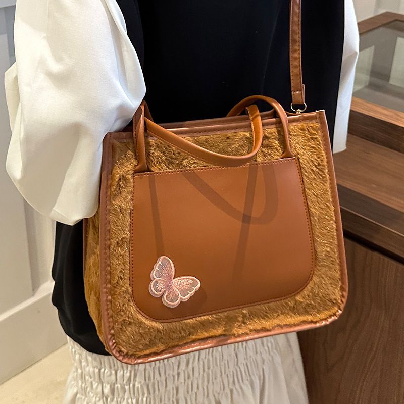 Tote Bags shoulder bag Butterfly decorative Mariposa Tote PU leather with Fluffy bag