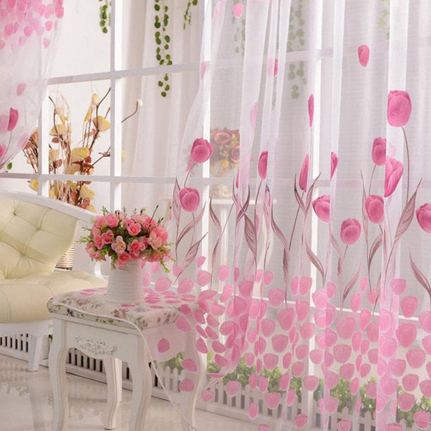 Tulip Printed Tulle Voile Door Window Curtain Sheer Drape Panel