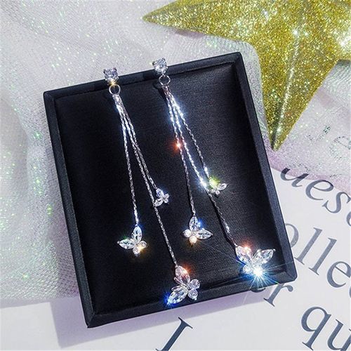 1-pair 925 silver electroplating earrings stu long tassel zircon three butterfly earrings fashion lady style