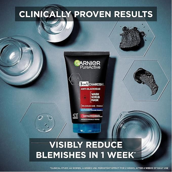 【Hot Deal】Garnier Pure Active 3 In1 Charcoal Anti Blackhead Mask Wash Scrub -50ml