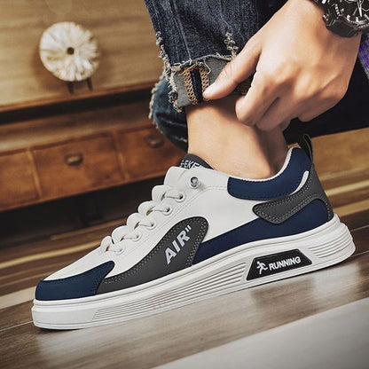 Size 41-44 Men's casual PU artificial leather running shoes sneakers boys sports driving shoes students single shoes athletic skateboarding shoes white+ blue+ grey