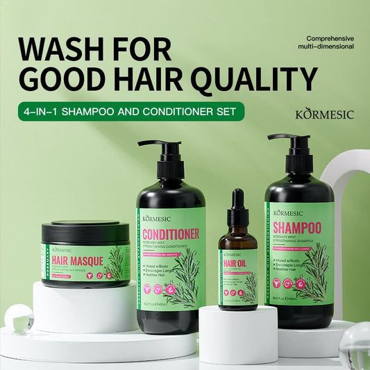 4PCS KORMESIC Rosemary Mint & Biotin 4-Piece Hair Strengthening System - Shampoo, Conditioner, Scalp Oil & Mask Set Repairs Split Ends, Soothes Dry Scalp & Boosts Shine for Fragile/Damaged Hair