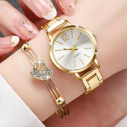 6PCS/Set Women's Watch Fashion Stainless Steel Band Analog Quartz Watches Heart Jewelry Set