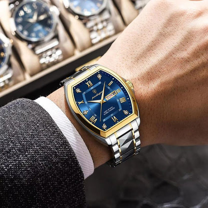 POEDAGAR Luxury Stainless Steel Watches for Man Luminous Waterproof Date Week Men Watch Tonneau Case Men's Quartz Watches