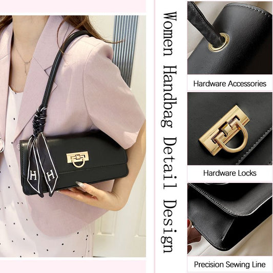 Ladies Underarm Bag Women Handbag Black PU Bag Ribbon Decoration Small Bag Phone Bag