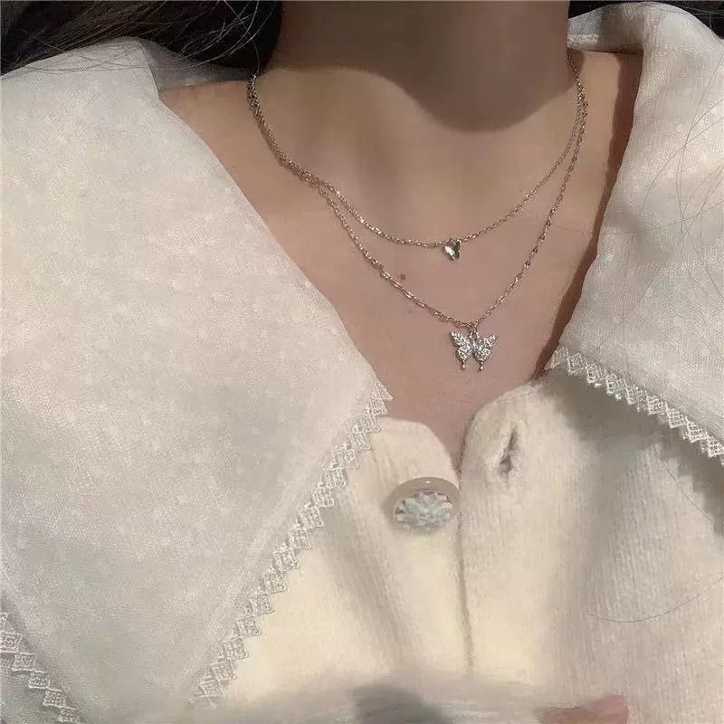 Double-layer Butterfly Necklace Female Necklace Niche Temperament Simple New Style Advanced Design Titanium Steel Does Not Fade