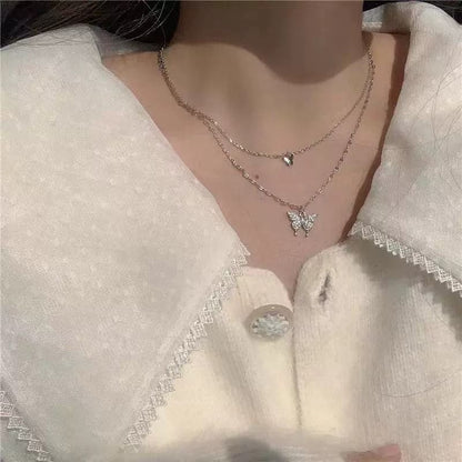 Double-layer Butterfly Necklace Female Necklace Niche Temperament Simple New Style Advanced Design Titanium Steel Does Not Fade