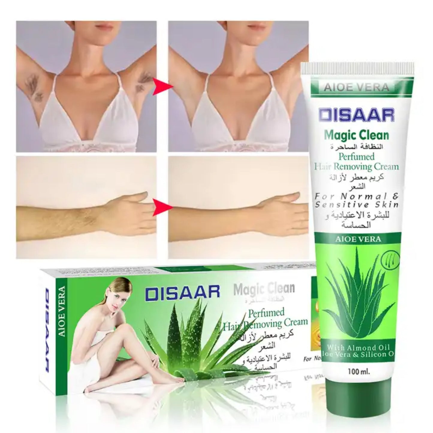 Aloe Vera Magic Clean Perfumed Hair Removal Cream with Almond Oil & Silicon Oil Body Face Arms Legs Depilatory Removing Gel - Disaar