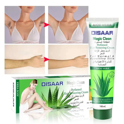 Aloe Vera Magic Clean Perfumed Hair Removal Cream with Almond Oil & Silicon Oil Body Face Arms Legs Depilatory Removing Gel - Disaar