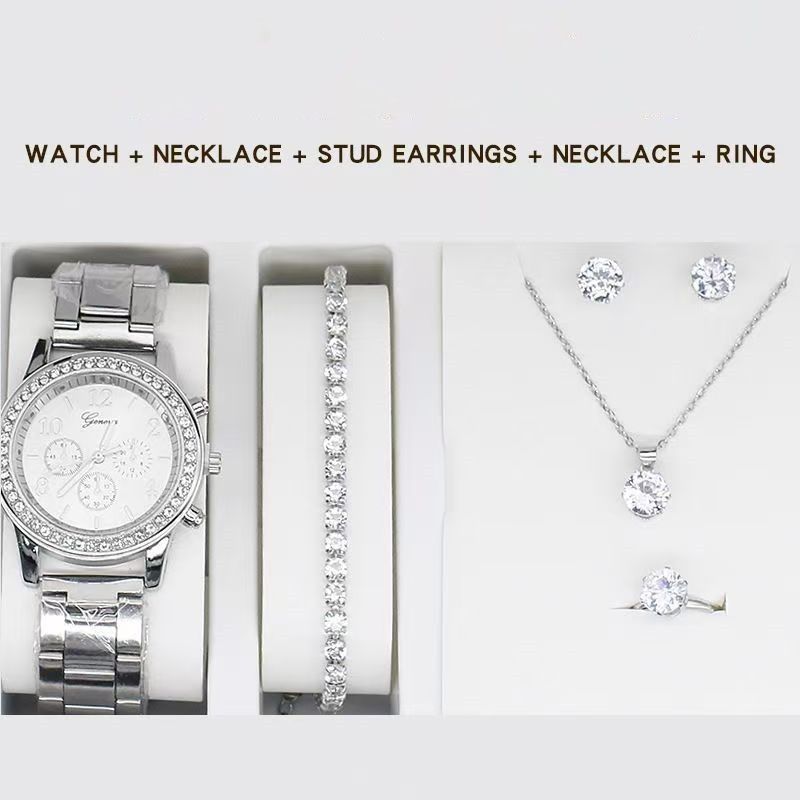5pcs/set Women's Casual Quartz Watch Jewelry Women's Diamond Watch Ring Necklace Earrings Bracelet Set Wristwatch Female Casual Ladies Quartz Watches