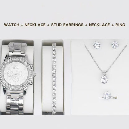 5pcs/set Women's Casual Quartz Watch Jewelry Women's Diamond Watch Ring Necklace Earrings Bracelet Set Wristwatch Female Casual Ladies Quartz Watches