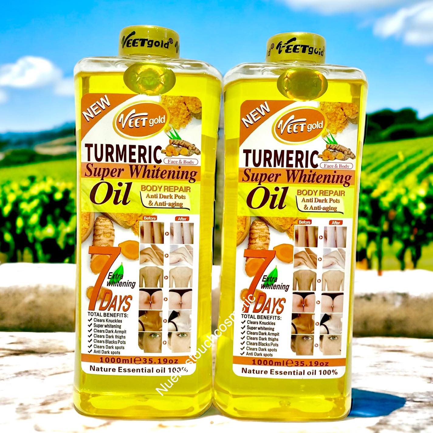VEET GOLD Turmeric Supper Whitening Oil 1000ml + Soap 250g Whitening Soap Clears Knuckles Removes Dirt & Impurities Super Whitening Clears Dark Thighs Anti Dark Spots Body Oil 1000ml