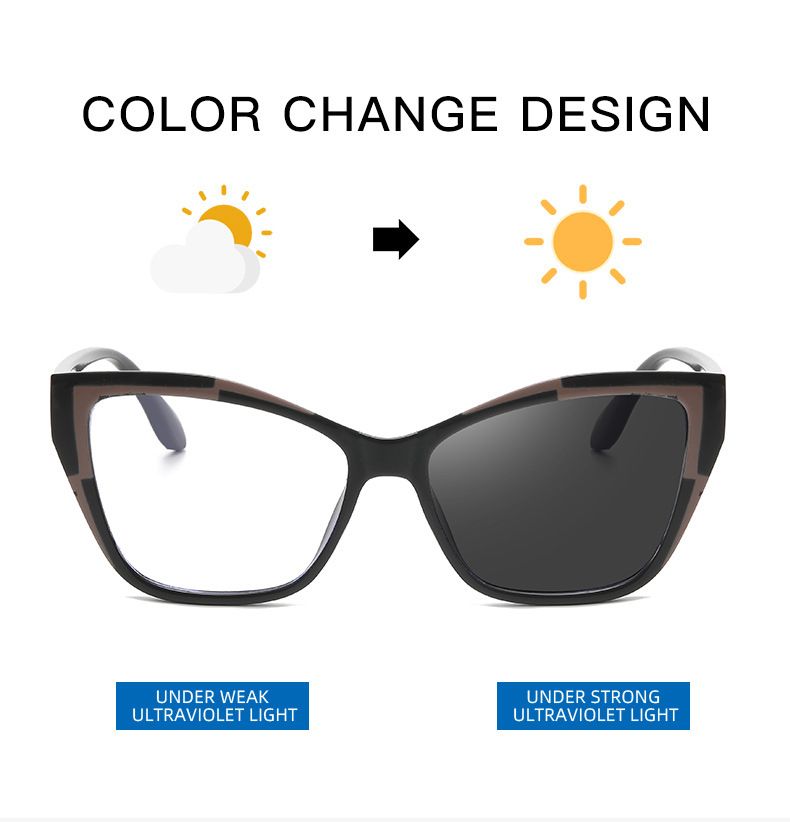 New Lightweight Cat Eye Frame Color Changing Glasses Anti Blue Light Photochromic Flat Mirror Women Brand Eyewear Frames
