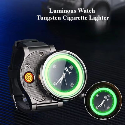 2 in 1 Men's Watch Windproof Cigarette Lighter Luminous Quartz Watch Tungsten Lighter USB Charging Boys Sports Watch Cigarette Lighter Gift