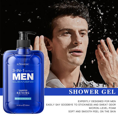 520ml Men's 3-in-1 Shower Gel, Shampoo & Face Wash | Multi-Purpose Body Wash with Micron-Level Foam to Eliminate Stickiness & Sweat Odor for Soft, Smooth Skin Oil control