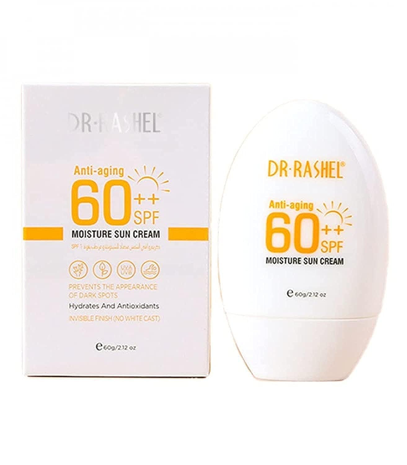 Sun Cream Dr Rashel Anti‑Aging Moisture SPF 60++ Lightweight Hydrating UV Defense Broad-Spectrum Sunscreen for Face & Body – Invisible Finish, Dark Spot Prevention (60 g)