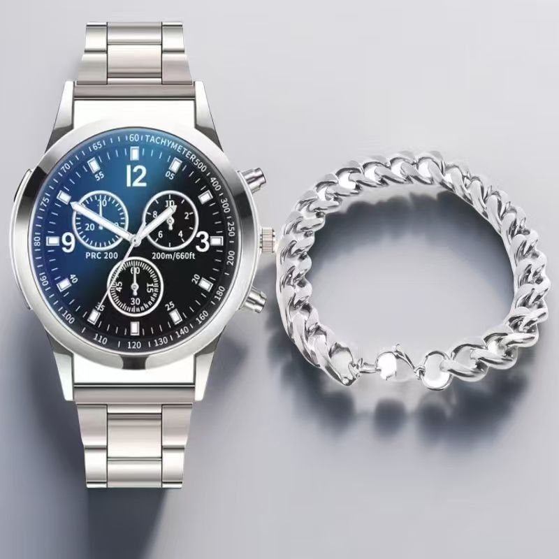 ZHJH Men's Large Dial Watch Metal Bracelet Set Men's Metal Strap Wristwatch Men's Quartz Watch Silver Watch Set