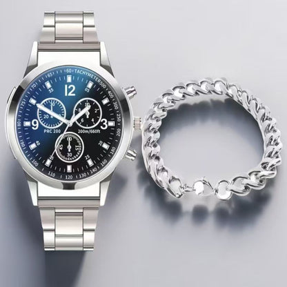 ZHJH Men's Large Dial Watch Metal Bracelet Set Men's Metal Strap Wristwatch Men's Quartz Watch Silver Watch Set