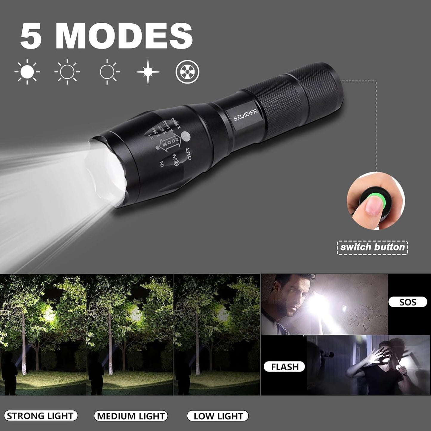 LED Emergency Handheld Flashlight with Adjustable Focus, Water Resistant, 5 Modes, Best Tactical Flashlight for Emergency, Camping and Fishing