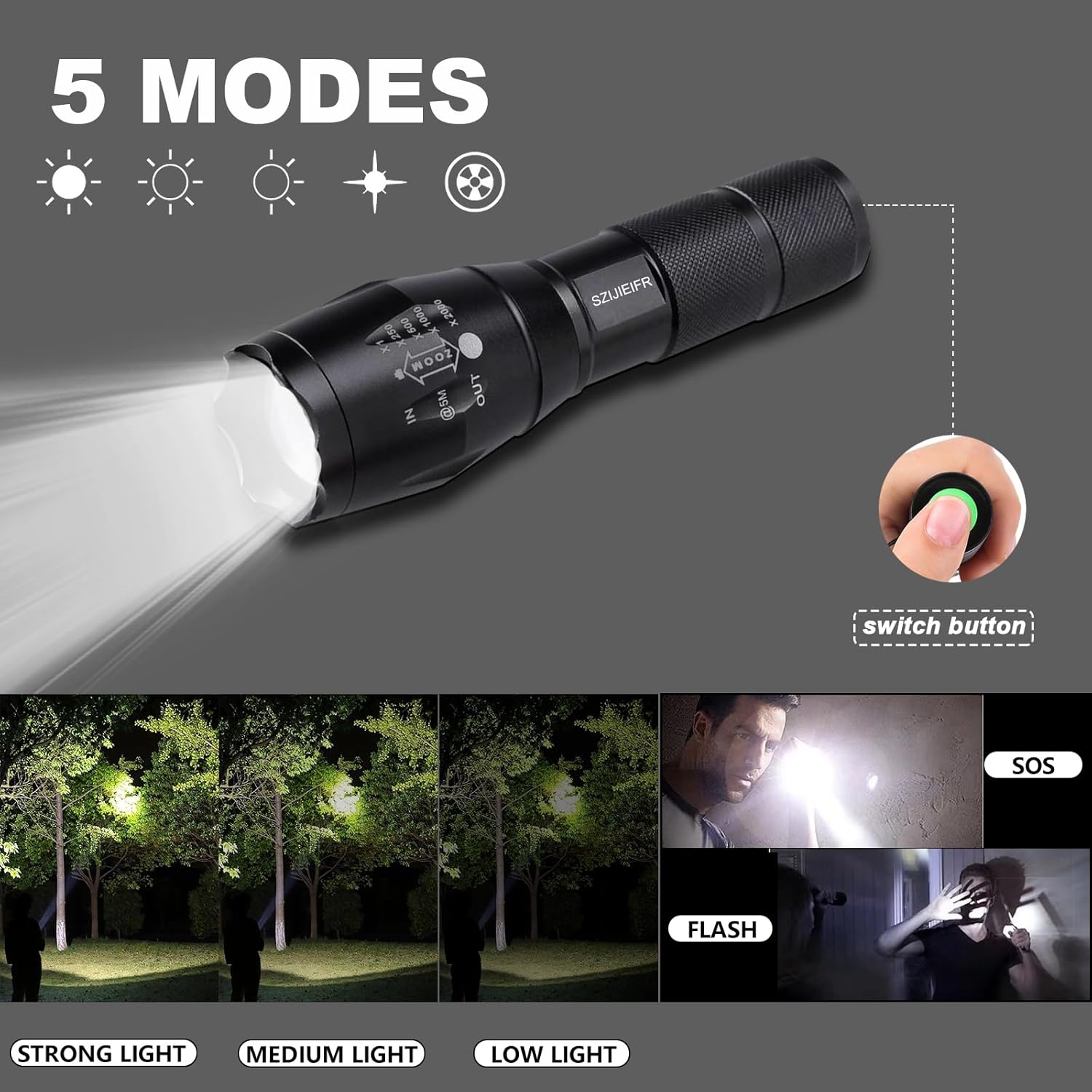 LED Emergency Handheld Flashlight with Adjustable Focus, Water Resistant, 5 Modes, Best Tactical Flashlight for Emergency, Camping and Fishing