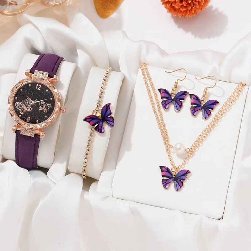 Female Clock Butterfly Dial Watches for Women 5pcs Set Women Quartz Watch Luxury Brand Design Simple Ladies Wristwatch Earrings