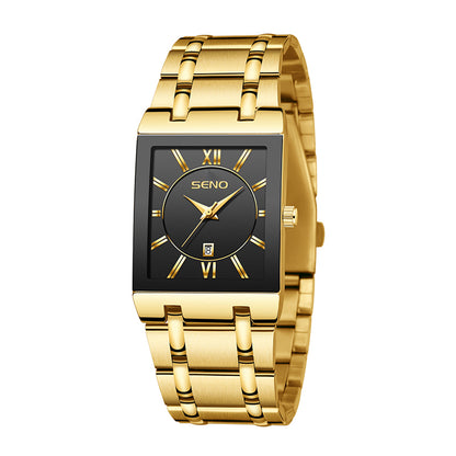 SENO Luxury Gold Full Steel Watches Mens Square Quartz Calendar WristWatch For Men Sport Waterproof