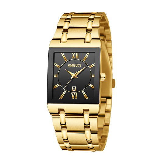 SENO Luxury Gold Full Steel Watches Mens Square Quartz Calendar WristWatch For Men Sport Waterproof