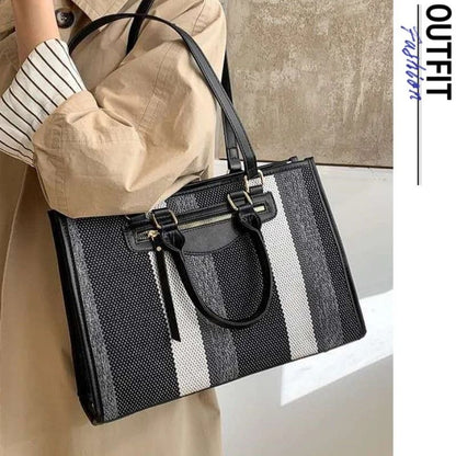 Mateamoda Elegant Striped Tote Bag with Rich Leather Accents Crossbody Bag Underarm Handbag