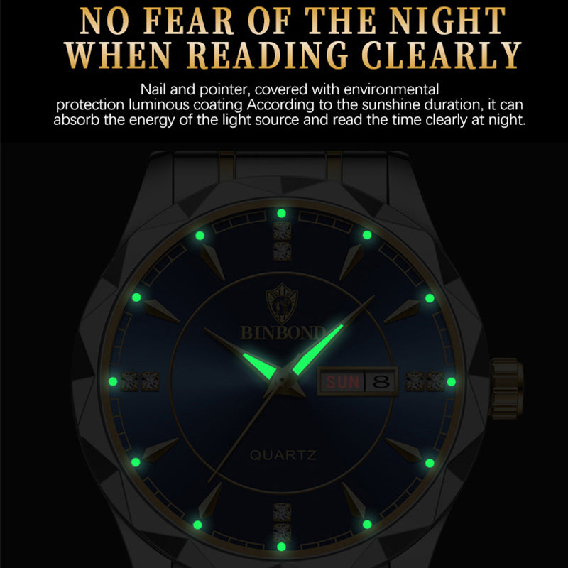 BINBOND Fashion Men's Watch Stainless Steel Top Brand Luxury Waterproof Men Double Calendar Quartz Watch