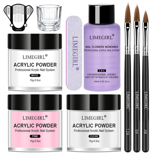 10pcs Nail Acrylic Powder and Liquid Monomer Nails Art Decoration For Manicure Set Kit Crystal Nail Glitter 3D Nail Tips Carving Tools