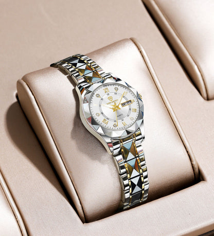 Ladies Watch Fashion Water Diamond Luxury Night Glow Double Calendar Quartz Movement Wristwatches Casual Watch For Women Waterproof Watch